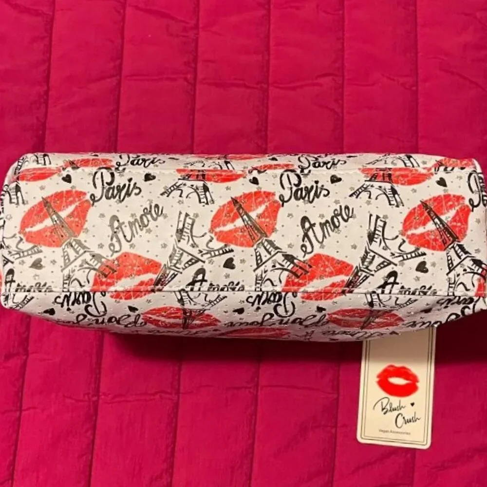 SPARKLE BON JOUR AMORE PARIS EIFFEL TOWER BLUSH CRUSH COSMETIC / MAKE - UP BAG